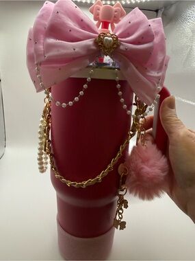 Pink Bow Jeweled Travel Tumbler with Charms